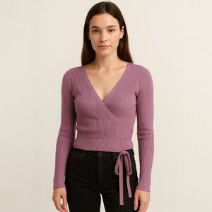 Hooked Up Womens Y2K‎ Ribbed Wrap Top Size XS Long Sleeve Tie Waist Clean Soft